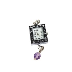 Vintage Silver Filigree Square Watch Pendant Purple Bead Accent Quartz Movement